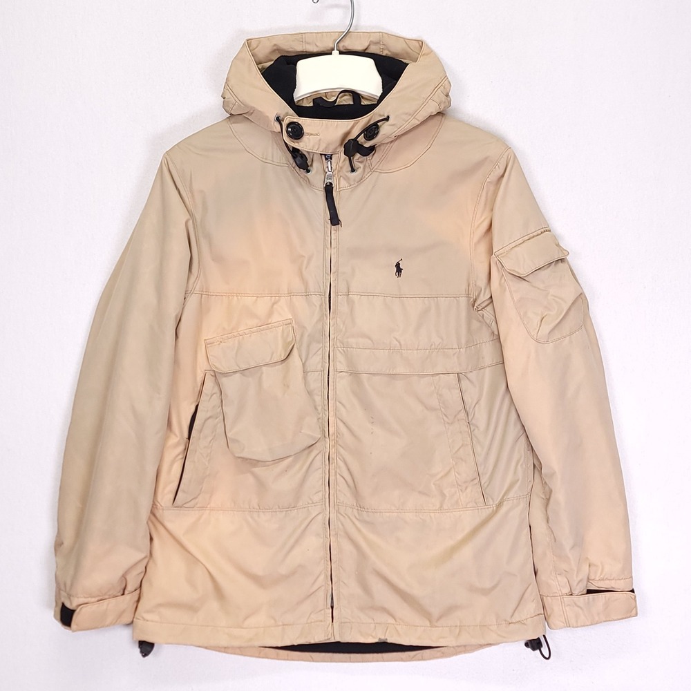 Polo Ralph Lauren Tan Hooded Utility Jacket Fleece Lined Beige Mens S Distressed